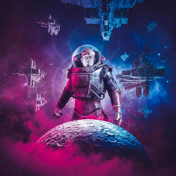 3D illustration of science fiction scene showing heroic male astronaut rising above moon with fleet of spaceships in the background
