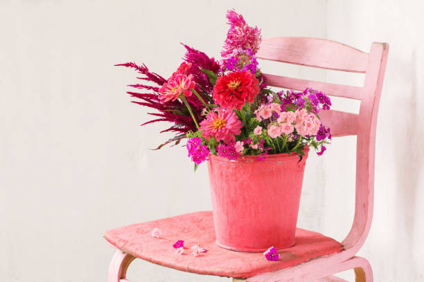 istock pink flowers in bucket on white background 949561330