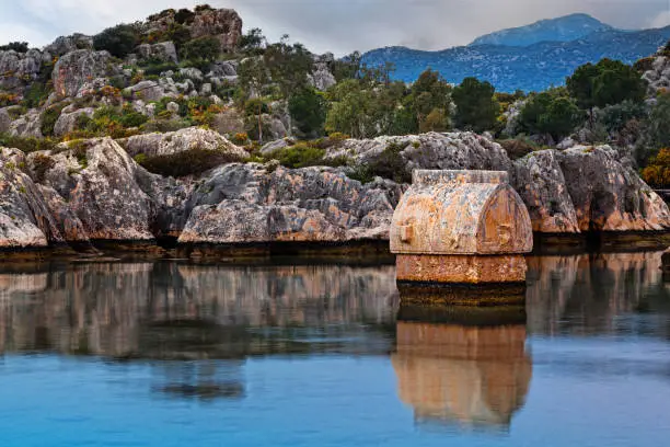 Sarcophagus in water at the Necropolis of Kalekoy - Ancient Simena.