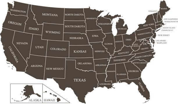 United States map with states names labeled vector outline illustration in dark brown color background All US states have separate boundaries/borders that can easily be edited and colored in the Adobe Illustrator software. The map is prepared by a GIS and remote sensing expert with high accuracy and details. michigan maryland stock illustrations