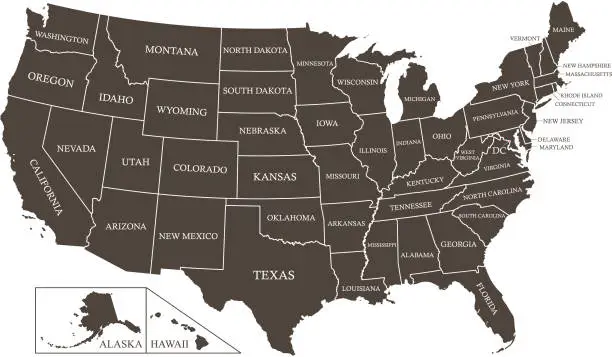 Vector illustration of United States map with states names labeled vector outline illustration in dark brown color background