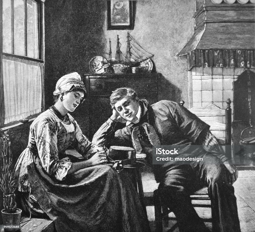 Relaxation of a young couple in love in a living room _ 1895 Love - Emotion stock illustration