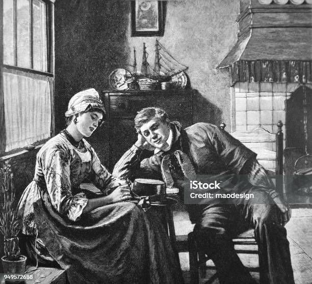 Relaxation Of A Young Couple In Love In A Living Room 1895 Stock Illustration - Download Image Now