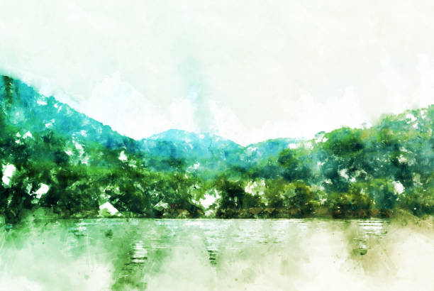 istock Abstract beautiful mountain silhouette, soft wave river and soft sunlight on oil watercolor painting background. 949582044