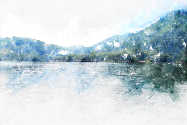 istock Abstract beautiful mountain silhouette, soft wave river and soft sunlight on oil watercolor painting background. 949582088