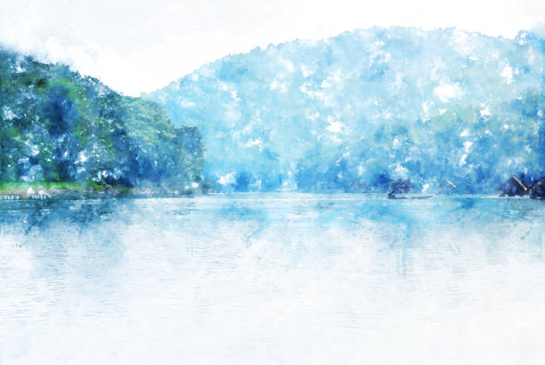 istock Abstract beautiful mountain silhouette, soft wave river and soft sunlight on oil watercolor painting background. 949582146