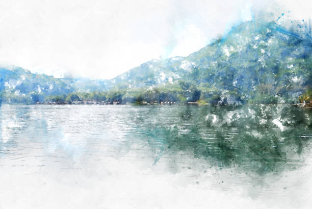 istock Abstract beautiful mountain silhouette, soft wave river and soft sunlight on oil watercolor painting background. 949582194
