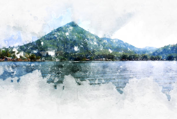 istock Abstract beautiful mountain silhouette, soft wave river and soft sunlight on oil watercolor painting background. 949582228