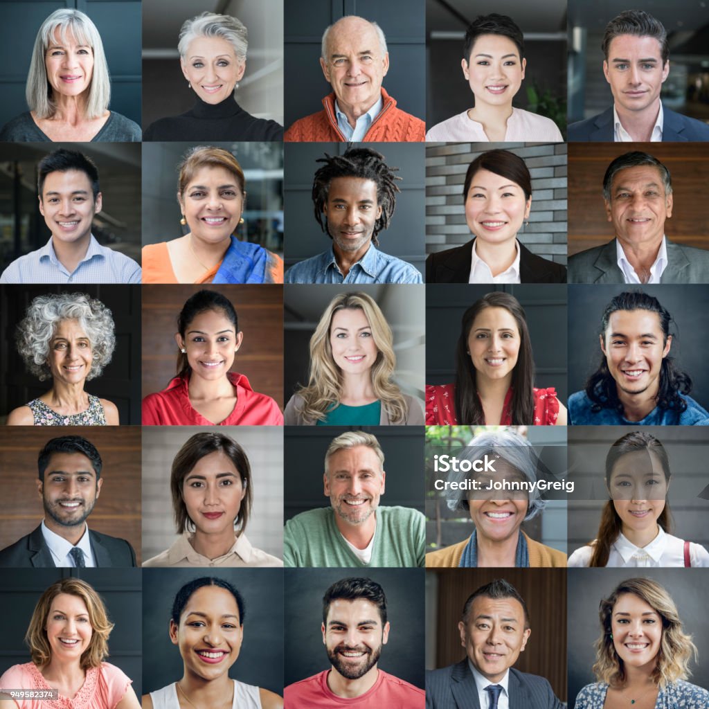 Retratos en la cabeza de diversas personas sonrientes - Foto de stock de Grupo multiétnico libre de derechos