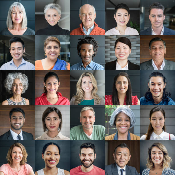 Headshot portraits of diverse smiling people Montage composite image of multi ethnic people looking to camera and smiling. men old senior adult human face stock pictures, royalty-free photos & images