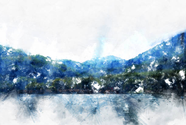 istock Abstract beautiful mountain silhouette, soft wave river and soft sunlight on oil watercolor painting background. 949582450