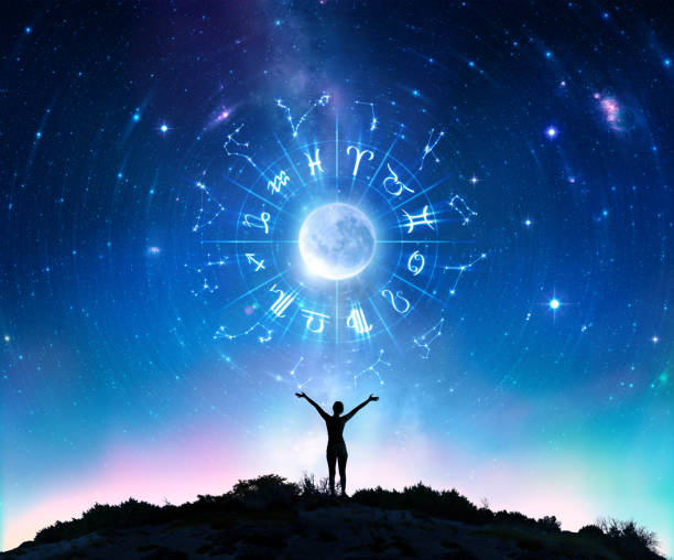 Zodiac Signs In The Sky Woman Consulting The Stars - Zodiac Signs In The Sky - Contain Illustration And elements furnished by NASA zodiac constellation stock pictures, royalty-free photos & images