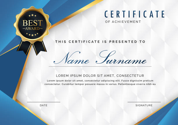 Certificate02 certificate template with luxury and modern pattern, appreciation award
diploma template of blue and golden shapes and badge. award certificate stock illustrations