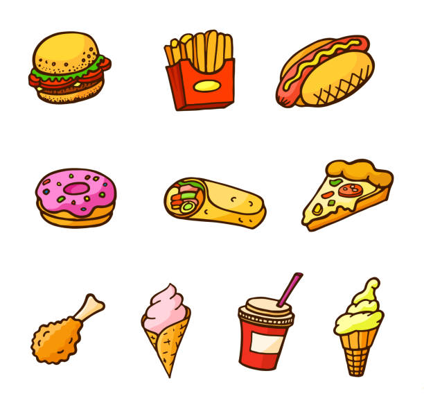 illustrations, cliparts, dessins animés et icônes de ensemble de style pop art de fast-food autocollants - cream ice symbol french fries