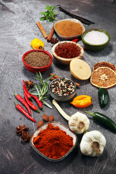 istock Spices and herbs on table. Food and cuisine ingredients. 949598730