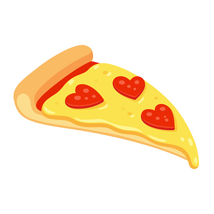 Pizza slice with heart shaped pepperoni for St. Valentines day. Funny pizza lover vector illustration.