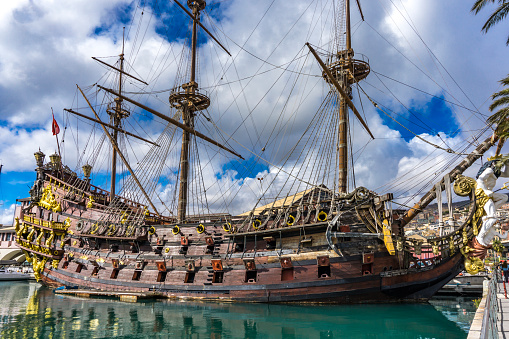 Galleon Neptun in Porto antico in Genoa, Italy. It is a ship replica of a 17th century Spanish galleon built in 1985 for Roman Polanski's film Pirates.