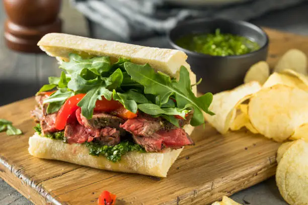 Homemade Beef Steak Sandwich with Chimichurri and Arugula