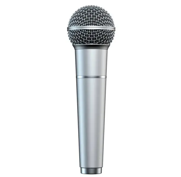 Photo of Silver microphone, isolated on white background, 3D render, vertical view.