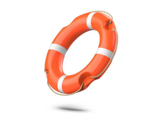 A life buoy for safety at sea, isolated on white background. 3d rendering of orange lifebuoy ring
