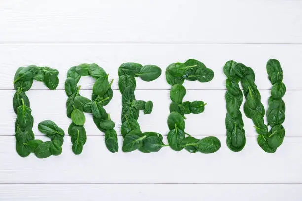 Photo of The word Green from spinach leaves