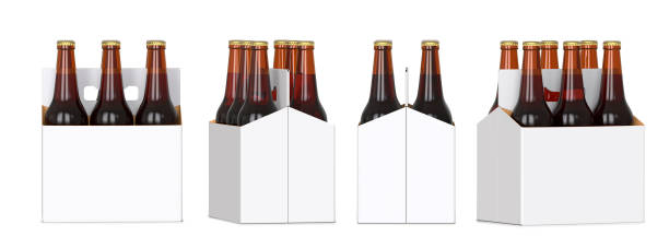 istock Six brown beer bottles in white corton pack. Four Different views 3D render, isolated on white background. 949611540