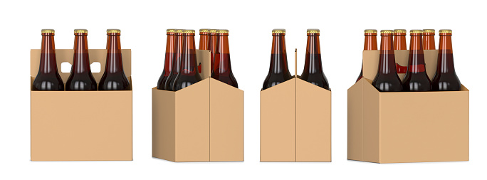 Four views of a six pack of brown beer bottles in cardboard box. 3D render, isolated on white background