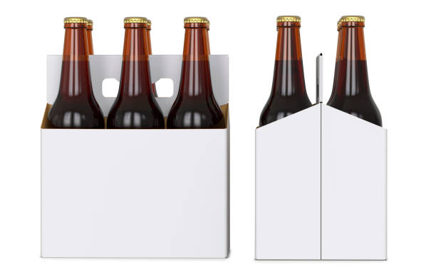 istock Six brown beer bottles in white corton pack. Side view and front view. 3D render, isolated on white background. 949611594