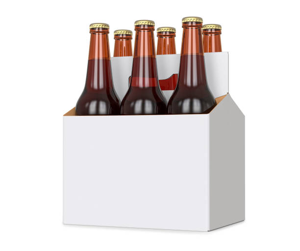 six-pack von braunen bierflaschen in leere träger. 3d render, isoliert auf einem weißen hintergrund isoliert. - sechserpack stock-fotos und bilder