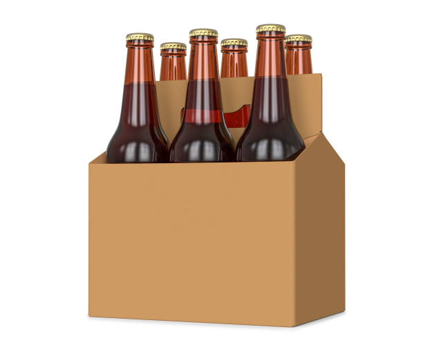 一般的な茶色ダン ボール キャリアのガラスのボトル入りのビールの 6 パック 3 d 図では、白い背景上に分離。 - 6缶パック ストックフォトと画像
