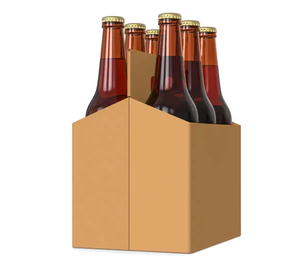 Photo of Six pack of glass bottled beer in generic brown cardboard carrier 3d Illustration, isolated on white background.