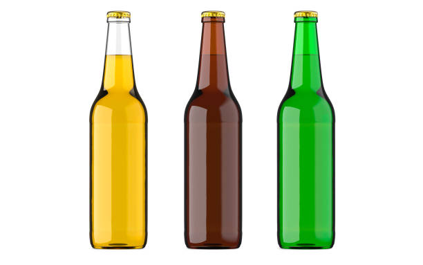 istock Bottled beer yellow, green and browncolors or beverage or carbonated drinks. Studio 3D render, isolated on white background. 949611818