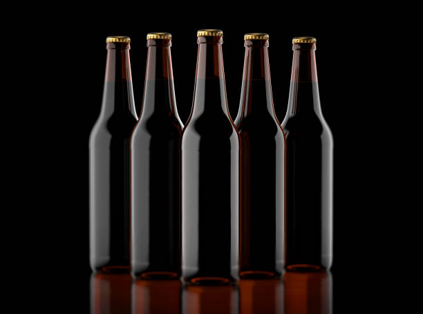 istock Closeup pin of brown beer bottles. 3D render, studio light, dark mirror background. 949611840