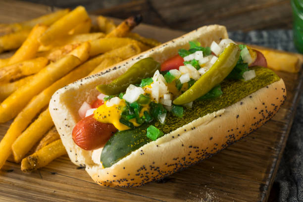 homemade chicago style hot dog with mustard - pickle relish imagens e fotografias de stock