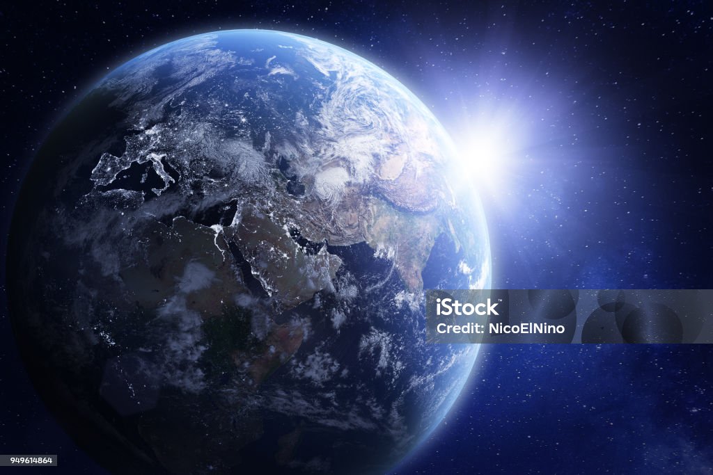 3D render of planet Earth from space, elements from NASA 3D render of planet Earth viewed from space, with night lights in Europe and sun rising over Asia. Blue hue treatment. Elements from NASA (https://eoimages.gsfc.nasa.gov/images/imagerecords/57000/57752/land_shallow_topo_2048.jpg) Planet Earth Stock Photo