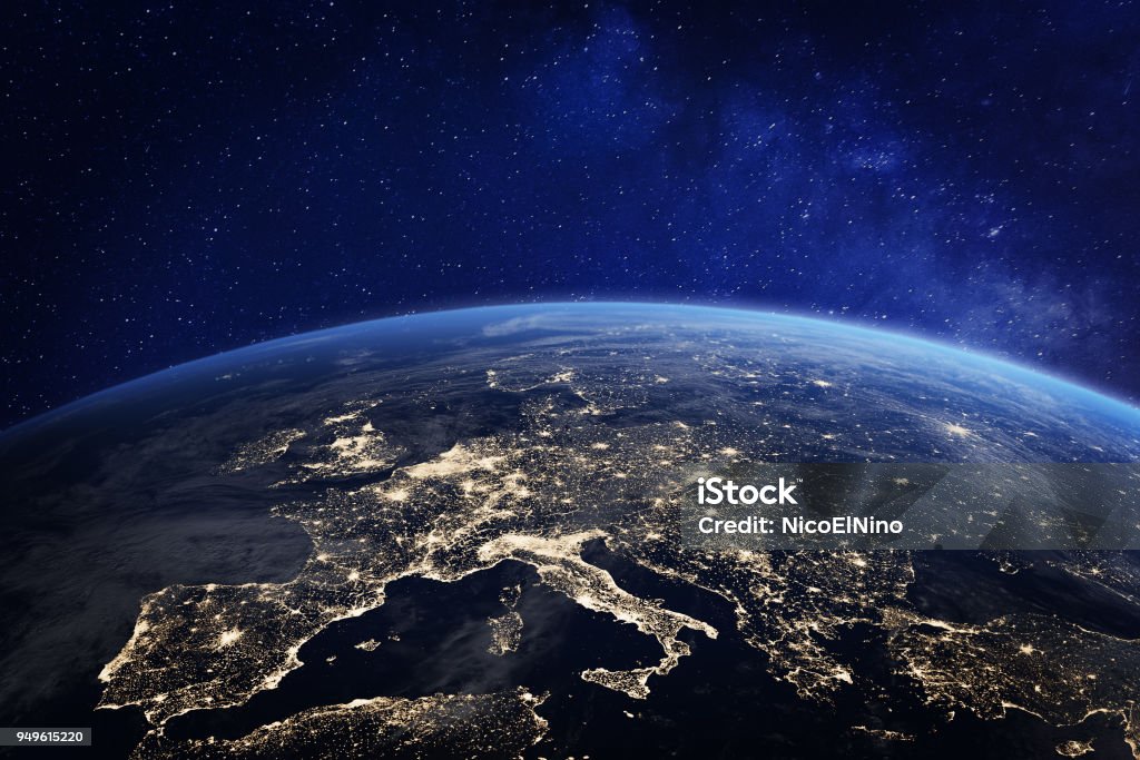 Europe at night from space, city lights, elements from NASA Europe at night viewed from space with city lights showing human activity in Germany, France, Spain, Italy and other countries, 3d rendering of planet Earth, elements from NASA (https://eoimages.gsfc.nasa.gov/images/imagerecords/55000/55167/earth_lights_lrg.jpg) Europe Stock Photo