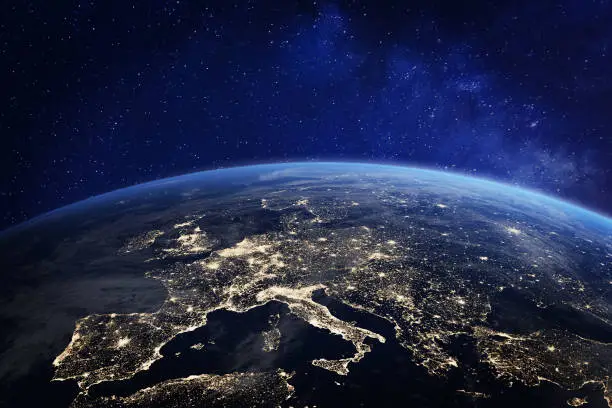 Europe at night viewed from space with city lights showing human activity in Germany, France, Spain, Italy and other countries, 3d rendering of planet Earth, elements from NASA (https://eoimages.gsfc.nasa.gov/images/imagerecords/55000/55167/earth_lights_lrg.jpg)