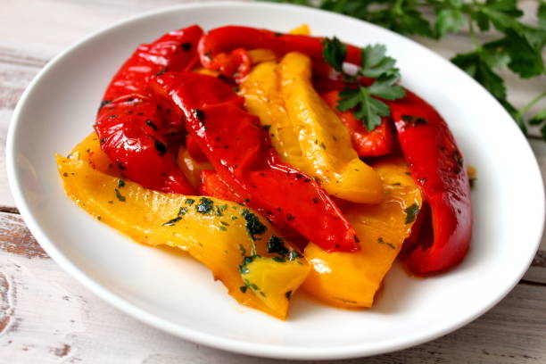 Roasted yellow and red pepper. stock photo