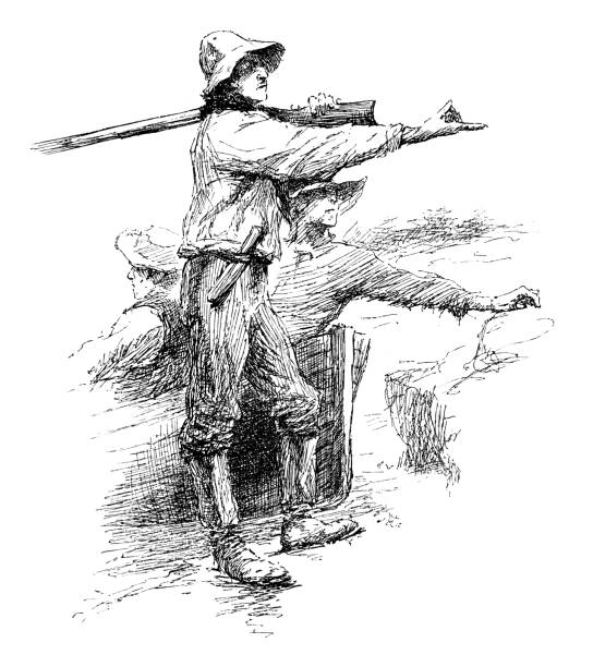 Hunters going by boat Hunters going by boat - Scanned 1887 Engraving two men hunting stock illustrations