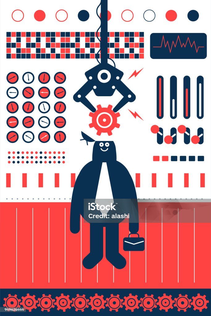 Robotic arm holding gear, putting into man's opened head Businessman Characters Vector art illustration.Copy Space.
Robotic arm holding gear, putting into man's opened head. Robot stock vector