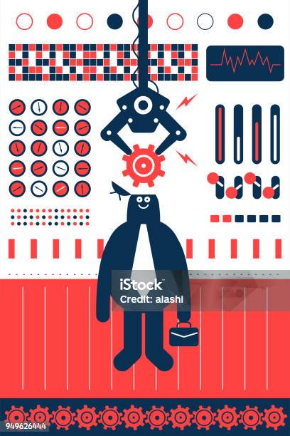 Robotic Arm Holding Gear Putting Into Mans Opened Head Stock Illustration - Download Image Now