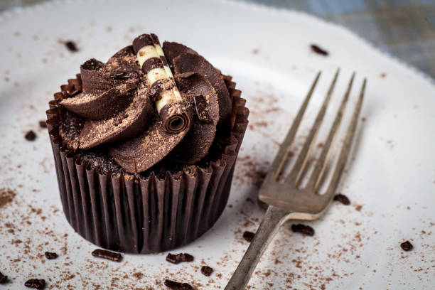 istock Chocolate cupcake on white plate with fork, dusted with cocoa powder and chocolate sprinkles 949627256