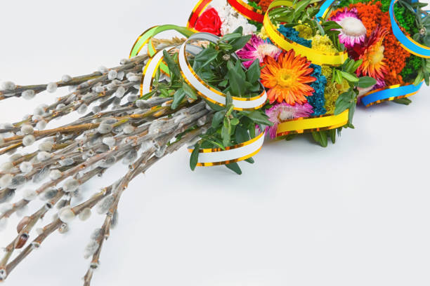 istock willow Sunday background of willow branches, willow bouquets. Easter top view. place for text 949634938
