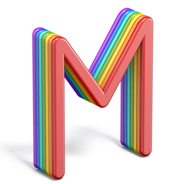 rainbow font letter m 3d - letter m alphabet three dimensional shape plastic imagens e fotografias de stock