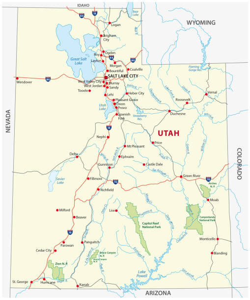 ilustrações de stock, clip art, desenhos animados e ícones de utah road and national park map - utah map state usa