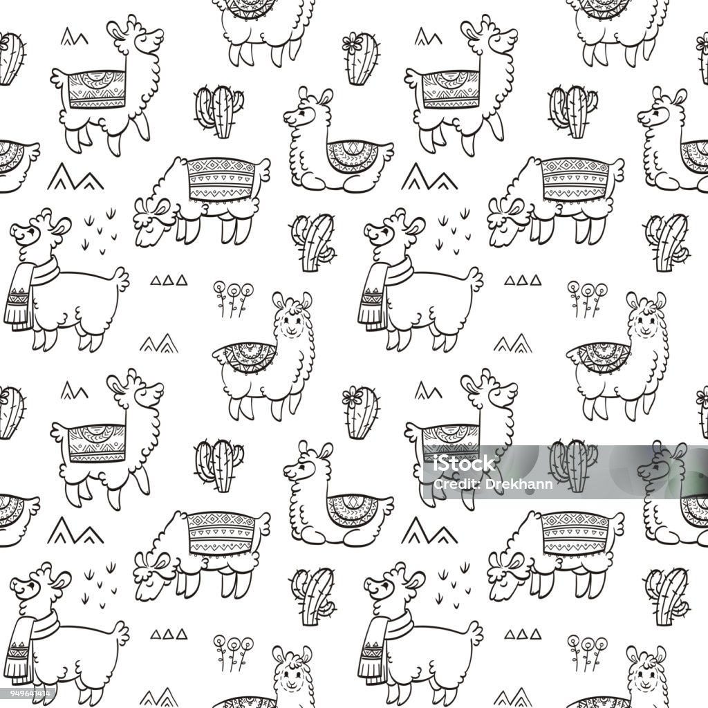 Cute outline seamless pattern with llamas. Ink vector illustration. For children and coloring books Cute outline seamless pattern with llamas. Ink vector illustration. For children and coloring books. Furry animals collection Coloring stock vector