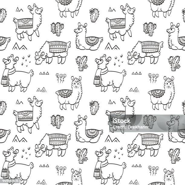 Cute Outline Seamless Pattern With Llamas Ink Vector Illustration For Children And Coloring Books Stock Illustration - Download Image Now