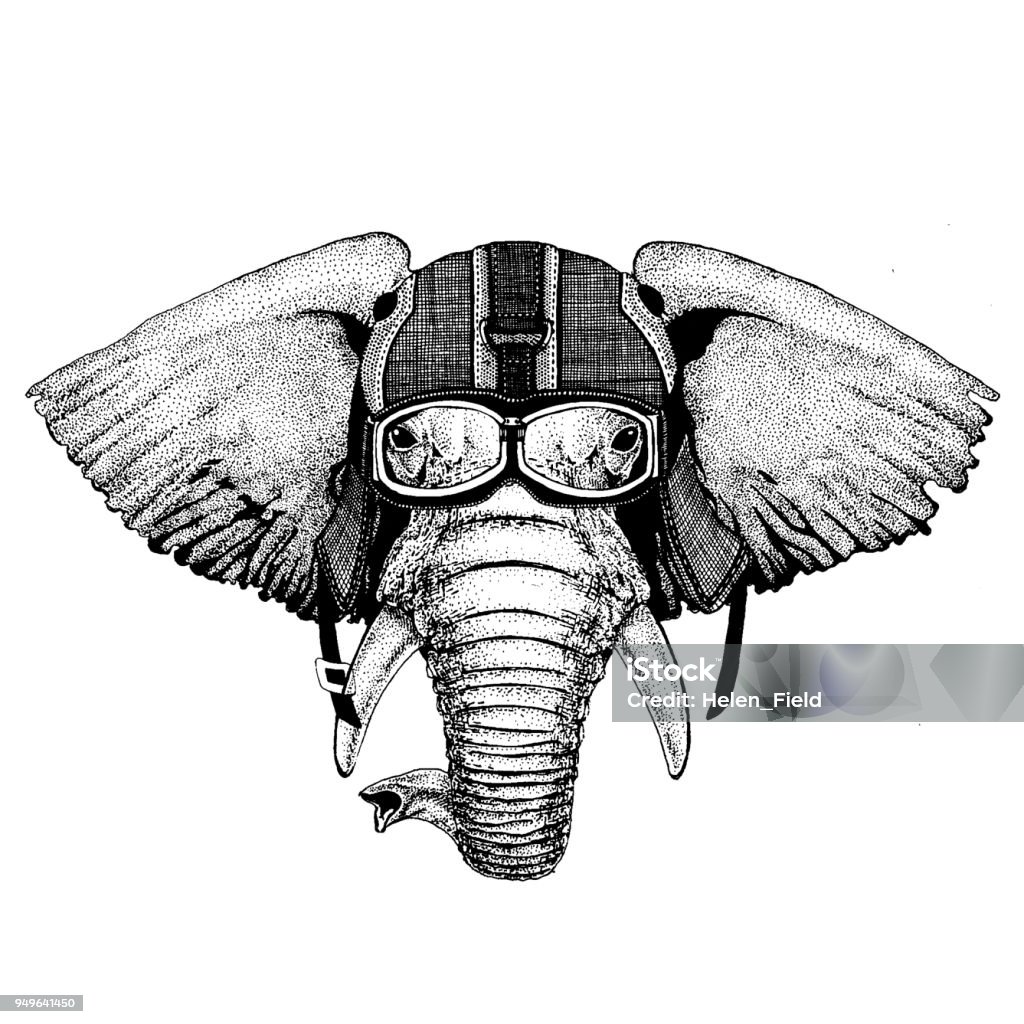 Elephant, indian or african elephant Hipster animal wearing motorycle helmet. Image for kindergarten children clothing, kids. T-shirt, tattoo, emblem, badge, logo, patch Animal wearing motorycle helmet. Image for kindergarten children clothing, kids. T-shirt, tattoo, emblem, badge, logo patches Elephant stock vector