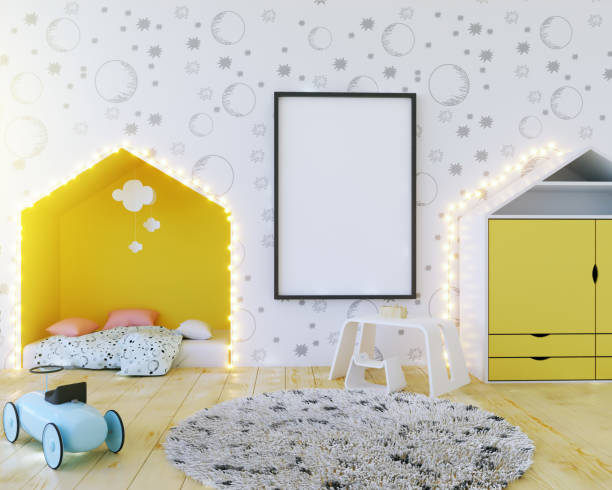 istock Mock up poster children's color room, with light bulbs. 3d illustration 949647510