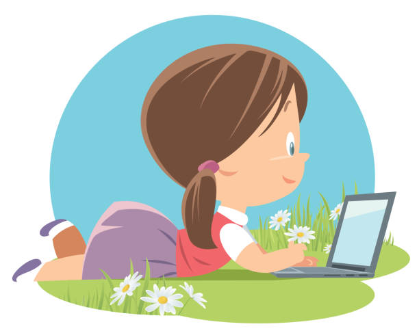 Girl and computer Vector Girl and computer grass vector meadow spring stock illustrations